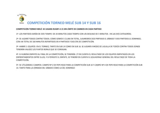 COMPETICIÓN TORNEO MELÉ SUB 14 Y SUB 16
COMPETICIÓN TORNEO MELÉ: SE JUGARA RUGBY A 15 SIN LÍMITE DE CAMBIOS EN CADA PARTIDO
1º- LOS PARTIDOS SERÁN DE DOS TIEMPO DE 20 MINUTOS CADA TIEMPO CON UN DESCASO DE 5 MINUTOS. EN LAS DOS CATEGORÍAS.
2º- SE JUGARÁ TODOS CONTRA TODOS. COMO SOMOS 5 CLUBS EN TOTAL, JUGAREMOS DOS PARTIDOS EL SÁBADO Y DOS PARTIDOS EL DOMINGO,
CON UN TOTAL DE 160 MINUTOS REPARTIDOS EN 4 PARTIDOS Y DOS DÍA DE COMPETICIÓN.
3º- HABRÁ 5 EQUIPOS EN EL TORNEO, TANTO EN SUB 14 COMO EN SUB 16. SE JUGARÁ A MODO DE LIGUILLA DE TODOS CONTRA TODOS DONDE
TENDRÁN VALIDEZ LOS PUNTOS BONUS QUE SE CONSIGAN.
4º- SI HUBIERA EMPATES AL FINAL DE LA COMPETICIÓN, SE TENDRÁN 1º EN CUENTA EL RESULTADO DE LOS EQUIPOS EMPATADOS EN LOS
ENFRENTAMIENTOS ENTRE ELLOS, Y SI PERSISTE EL EMPATE, SE TENDRÁ EN CUENTA EL GOLAVERAJE GENERAL DEL RESULTADO DE TODA LA
COMPETICIÓN.
5º- SE UTILIZARAN 2 CAMPOS: CAMPO Nº 2 DE PEPE ROJO PARA LA COMPETICIÓN SUB 16 Y CAMPO Nº 4 DE PEPE ROJO PARA LA COMPETICIÓN SUB
14. TANTO PARA LA JORNADA DEL SÁBADO COMO LA DEL DOMINGO
 