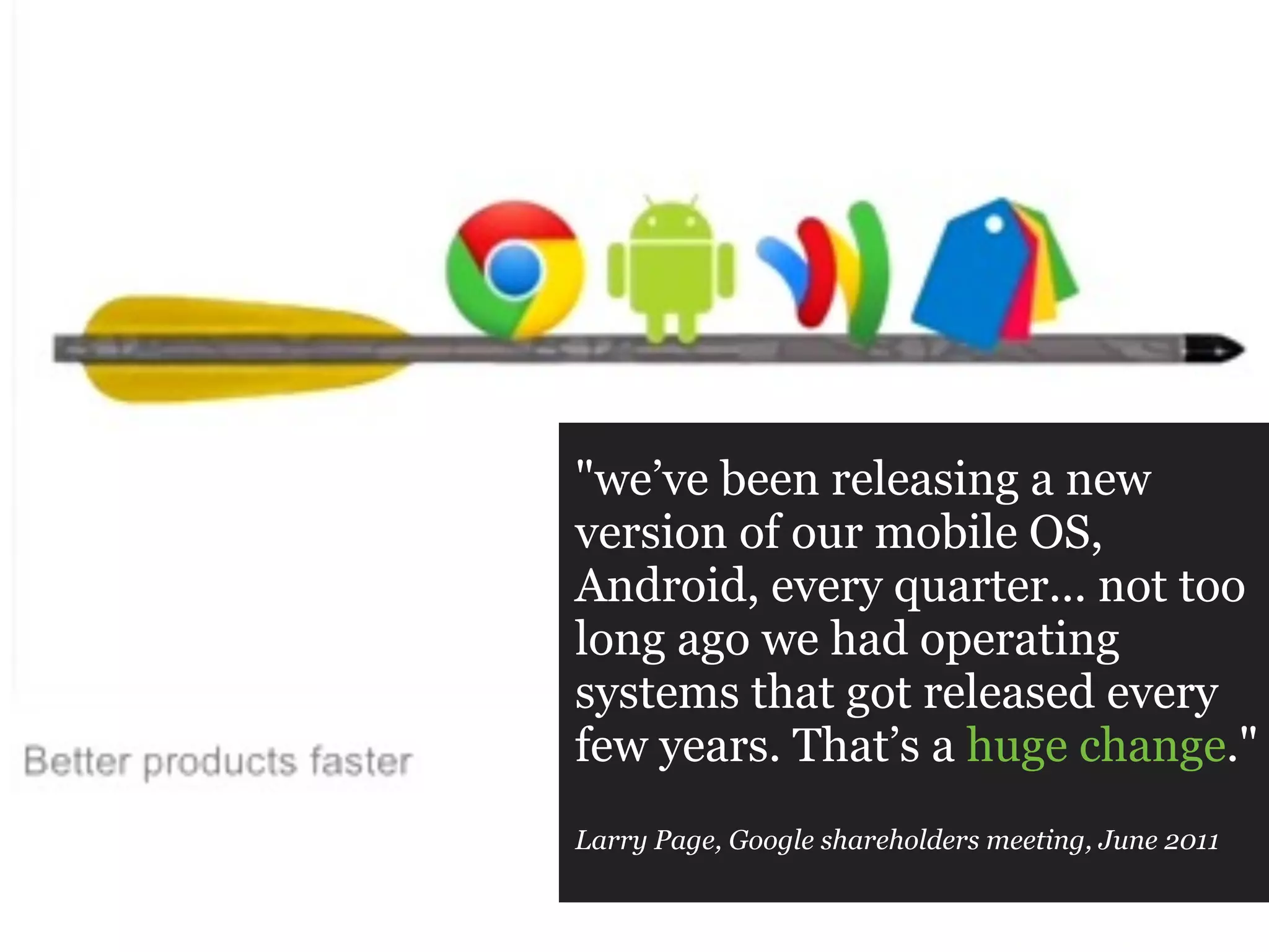 "we’ve been releasing a new
version of our mobile OS,
Android, every quarter... not too
long ago we had operating
systems that got released every
few years. That’s a huge change."
Larry Page, Google shareholders meeting, June 2011
 