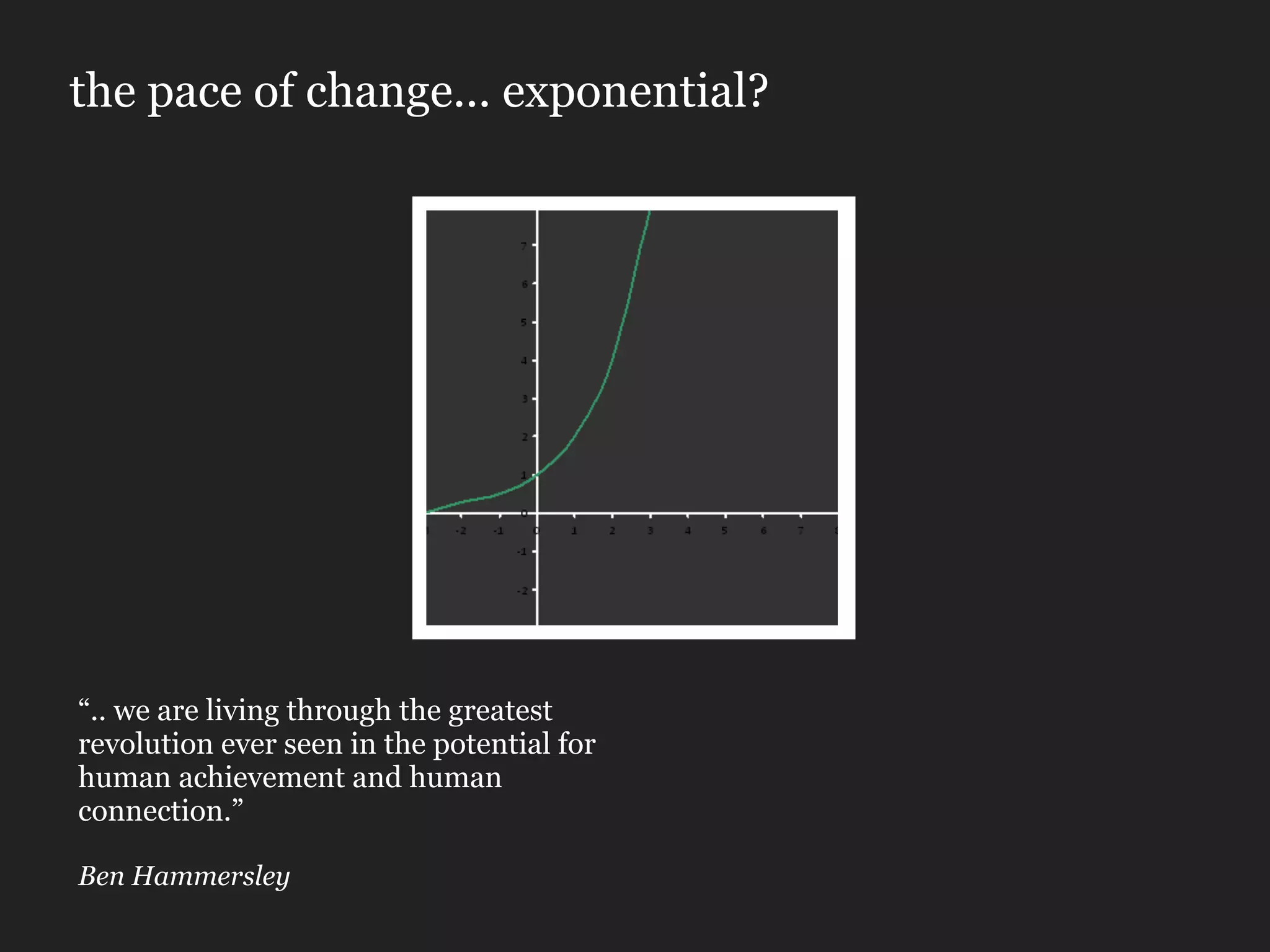 the pace of change... exponential?




“.. we are living through the greatest
revolution ever seen in the potential for
human achievement and human
connection.”

Ben Hammersley
 