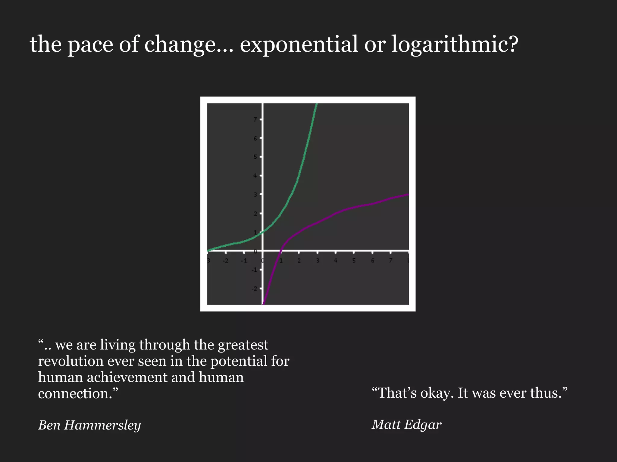 the pace of change... exponential or logarithmic?




“.. we are living through the greatest
revolution ever seen in the potential for
human achievement and human
connection.”                                “That’s okay. It was ever thus.”

Ben Hammersley                              Matt Edgar
 