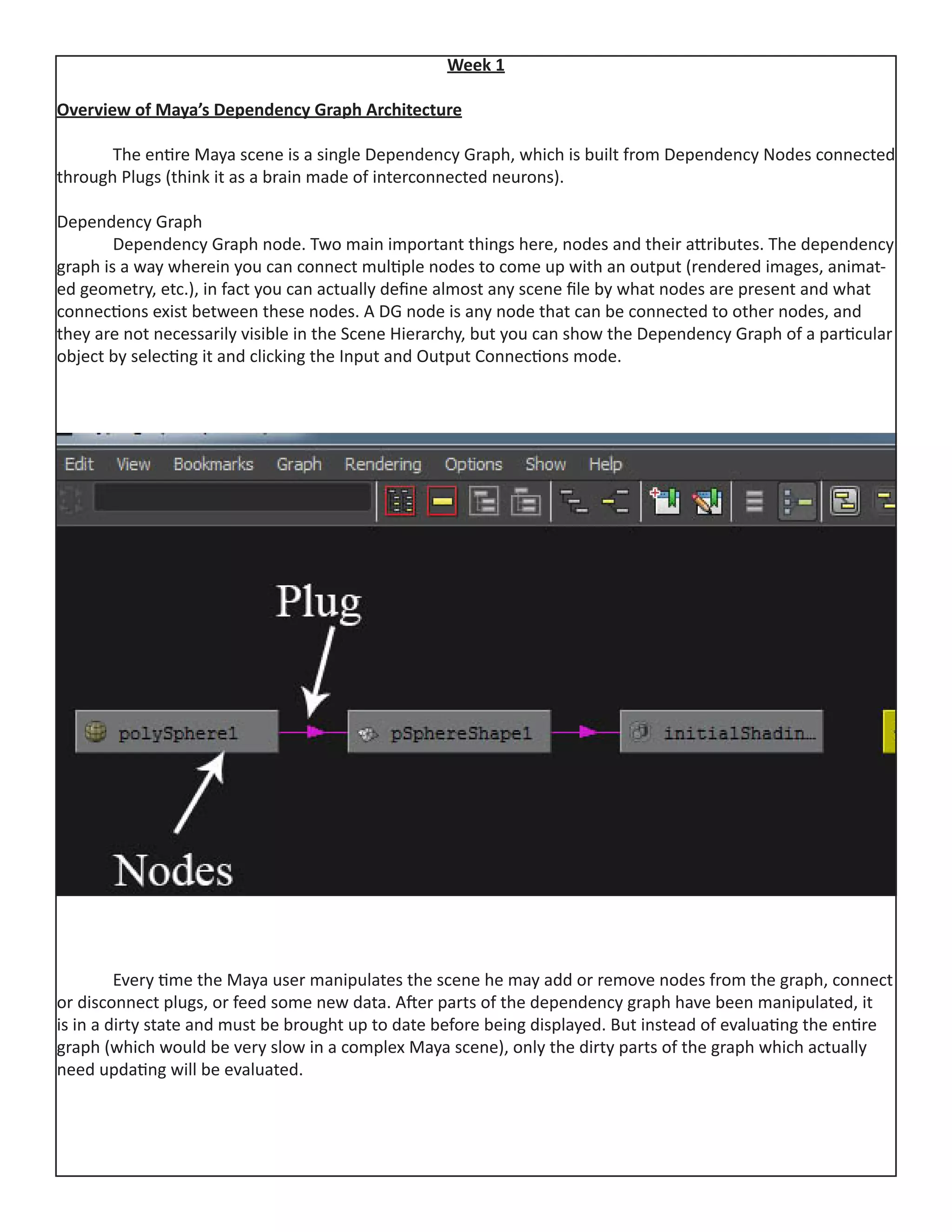 Week 1
Overview of Maya’s Dependency Graph Architecture
	 The entire Maya scene is a single Dependency Graph, which is built from Dependency Nodes connected
through Plugs (think it as a brain made of interconnected neurons).
Dependency Graph
	 Dependency Graph node. Two main important things here, nodes and their attributes. The dependency
graph is a way wherein you can connect multiple nodes to come up with an output (rendered images, animat‐
ed geometry, etc.), in fact you can actually define almost any scene file by what nodes are present and what
connections exist between these nodes. A DG node is any node that can be connected to other nodes, and
they are not necessarily visible in the Scene Hierarchy, but you can show the Dependency Graph of a particular
object by selecting it and clicking the Input and Output Connections mode.
	
	 Every time the Maya user manipulates the scene he may add or remove nodes from the graph, connect
or disconnect plugs, or feed some new data. After parts of the dependency graph have been manipulated, it
is in a dirty state and must be brought up to date before being displayed. But instead of evaluating the entire
graph (which would be very slow in a complex Maya scene), only the dirty parts of the graph which actually
need updating will be evaluated.
 