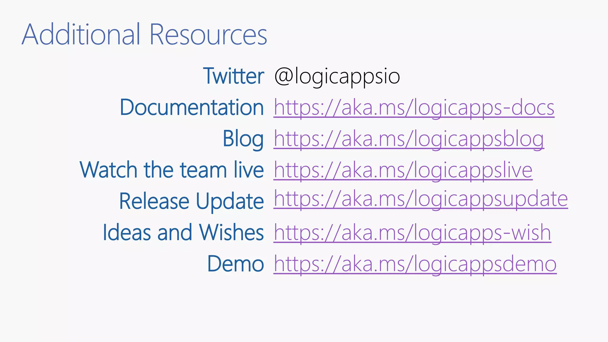 Additional Resources
Twitter
Documentation https://aka.ms/logicapps-docs
Blog https://aka.ms/logicappsblog
Watch the team live https://aka.ms/logicappslive
Release Update https://aka.ms/logicappsupdate
Ideas and Wishes https://aka.ms/logicapps-wish
Demo https://aka.ms/logicappsdemo
 