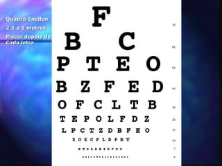 Quadro Snellen
2,5 a 5 metros
Piscar depois de
Cada letra
 