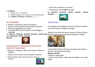 Não aliviam rapidamente os sintomas
                                                                  Habitualmente são vermelhos ou roxos
6. Teofilinas:
                                                                Ex: Symbicort; Seretaide ; Maizar; Veraspir ; Assieme,
      Tomam-se 1 a 2 vezes/dia
      Podem interagir com a comida ou outras medicações         Brisomax ;…….
   Ex: Eufilina; Filotempo; Unicontin,;…………


Anti-inflamatórios                                              Oxigenoterapia:
  Reduzem a inflamação e edema nos brônquios
  Ajudam e estão indicados se exacerbações frequentes           O tratamento com oxigénio só deve ser usado por doentes
  Não aliviam rapidamente os sintomas                           com níveis baixos de oxigénio no sangue.
  Os INALADORES são habitualmente de cor laranja ou
   castanhos                                                    Quando é receitado tem que ser usado no mínimo 15 horas
Ex: Pulmicort; Flixotaide; Miflonide; Brisovent; Asmatil;Asmo   por dia (incluir as horas nocturnas enquanto se dorme)
Lavi; Budesonido ( Budiar; Novolizer;
Generis);………….




Combinação de Anti-inflamatórios inalados e Beta2 –
Agonistas de longa duração:
                                                                A quantidade (l/min) é diferente de doente para doente e
  Reduzem a inflamação e edema nos brônquios e dilatam os
                                                                deve ser indicada pelo seu médico.
  brônquios
                                                                Quando indicado:
  Ajudam, estão indicados se exacerbações frequentes
                                                                -aumenta a longevidade
  Podem também utilizar-se para um maior alívio de              - permite viver melhor, fazer mais actividades e viver mais
  sintomas                                                      tempo.
                                                                                                                              6
 