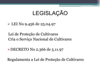 LEGISLAÇÃO
 LEI No 9.456 de 25.04.97
Lei de Proteção de Cultivares
Cria o Serviço Nacional de Cultivares
DECRETO No 2.366 de 5.11.97
Regulamenta a Lei de Proteção de Cultivares
 