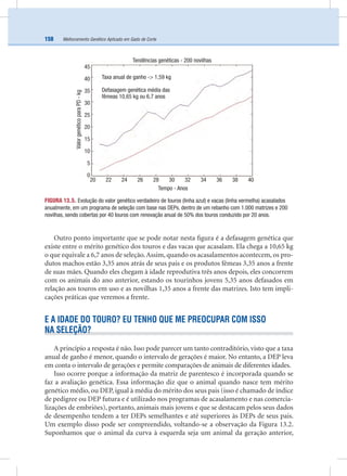 Melhoramento Genético Aplicado em Gado de Corte158
Outro ponto importante que se pode notar nesta ﬁgura é a defasagem genética que
existe entre o mérito genético dos touros e das vacas que acasalam. Ela chega a 10,65 kg
o que equivale a 6,7 anos de seleção.Assim, quando os acasalamentos acontecem, os pro-
dutos machos estão 3,35 anos atrás de seus pais e os produtos fêmeas 3,35 anos a frente
de suas mães. Quando eles chegam à idade reprodutiva três anos depois, eles concorrem
com os animais do ano anterior, estando os tourinhos jovens 5,35 anos defasados em
relação aos touros em uso e as novilhas 1,35 anos a frente das matrizes. Isto tem impli-
cações práticas que veremos a frente.
E A IDADE DO TOURO? EU TENHO QUE ME PREOCUPAR COM ISSO
NA SELEÇÃO?
A princípio a resposta é não. Isso pode parecer um tanto contraditório, visto que a taxa
anual de ganho é menor, quando o intervalo de gerações é maior. No entanto, a DEP leva
em conta o intervalo de gerações e permite comparações de animais de diferentes idades.
Isso ocorre porque a informação da matriz de parentesco é incorporada quando se
faz a avaliação genética. Essa informação diz que o animal quando nasce tem mérito
genético médio, ou DEP, igual à média do mérito dos seus pais (isso é chamado de índice
de pedigree ou DEP futura e é utilizado nos programas de acasalamento e nas comercia-
lizações de embriões), portanto, animais mais jovens e que se destacam pelos seus dados
de desempenho tendem a ter DEPs semelhantes e até superiores às DEPs de seus pais.
Um exemplo disso pode ser compreendido, voltando-se a observação da Figura 13.2.
Suponhamos que o animal da curva à esquerda seja um animal da geração anterior,
FIGURA 13.5. Evolução do valor genético verdadeiro de touros (linha azul) e vacas (linha vermelha) acasalados
anualmente, em um programa de seleção com base nas DEPs, dentro de um rebanho com 1.000 matrizes e 200
novilhas, sendo cobertas por 40 touros com renovação anual de 50% dos touros conduzido por 20 anos.
Tempo - Anos
20 22 24 26 28 30 32 34 36 38 40
45
40
35
30
25
20
15
10
5
0
ValorgenéticoparaPD-kg
Tendências genéticas - 200 novilhas
Defasagem genética média das
fêmeas 10,65 kg ou 6,7 anos
Taxa anual de ganho -> 1,59 kg
 