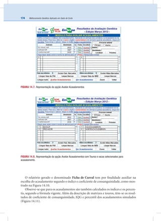 Melhoramento Genético Aplicado em Gado de Corte174
FIGURA 14.7. Representação da opção Avaliar Acasalamentos.
FIGURA 14.8. Representação da opção Avaliar Acasalamentos com Touros e vacas selecionados para
acasalamento.
O relatório gerado e denominado Ficha de Curral tem por ﬁnalidade auxiliar na
escolha do acasalamento segundo o índice e coeﬁciente de consanguinidade, como mos-
trado na Figura 14.10.
Observe-se que para os acasalamentos são também calculados os índices e os percen-
tis, segundo a fórmula vigente. Além da descrição de matrizes e touros, têm-se os resul-
tados de coeﬁciente de consanguinidade, IQG e percentil dos acasalamentos simulados
(Figura 14.11).
 