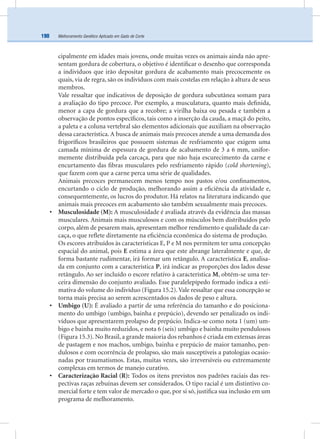 Melhoramento Genético Aplicado em Gado de Corte190
cipalmente em idades mais jovens, onde muitas vezes os animais ainda não apre-
sentam gordura de cobertura, o objetivo é identiﬁcar o desenho que corresponda
a indivíduos que irão depositar gordura de acabamento mais precocemente os
quais, via de regra, são os indivíduos com mais costelas em relação à altura de seus
membros.
Vale ressaltar que indicativos de deposição de gordura subcutânea somam para
a avaliação do tipo precoce. Por exemplo, a musculatura, quanto mais deﬁnida,
menor a capa de gordura que a recobre; a virilha baixa ou pesada e também a
observação de pontos especíﬁcos, tais como a inserção da cauda, a maçã do peito,
a paleta e a coluna vertebral são elementos adicionais que auxiliam na observação
dessa característica. A busca de animais mais precoces atende a uma demanda dos
frigoríﬁcos brasileiros que possuem sistemas de resfriamento que exigem uma
camada mínima de espessura de gordura de acabamento de 3 a 6 mm, unifor-
memente distribuída pela carcaça, para que não haja escurecimento da carne e
encurtamento das ﬁbras musculares pelo resfriamento rápido (cold shortening),
que fazem com que a carne perca uma série de qualidades.
Animais precoces permanecem menos tempo nos pastos e/ou conﬁnamentos,
encurtando o ciclo de produção, melhorando assim a eﬁciência da atividade e,
consequentemente, os lucros do produtor. Há relatos na literatura indicando que
animais mais precoces em acabamento são também sexualmente mais precoces.
• Musculosidade (M): A musculosidade é avaliada através da evidência das massas
musculares. Animais mais musculosos e com os músculos bem distribuídos pelo
corpo, além de pesarem mais, apresentam melhor rendimento e qualidade da car-
caça, o que reﬂete diretamente na eﬁciência econômica do sistema de produção.
Os escores atribuídos às características E, P e M nos permitem ter uma concepção
espacial do animal, pois E estima a área que este abrange lateralmente e que, de
forma bastante rudimentar, irá formar um retângulo. A característica E, analisa-
da em conjunto com a característica P, irá indicar as proporções dos lados desse
retângulo. Ao ser incluído o escore relativo à característica M, obtém-se uma ter-
ceira dimensão do conjunto avaliado. Esse paralelepípedo formado indica a esti-
mativa do volume do indivíduo (Figura 15.2).Vale ressaltar que essa concepção se
torna mais precisa ao serem acrescentados os dados de peso e altura.
• Umbigo (U): É avaliado a partir de uma referência do tamanho e do posiciona-
mento do umbigo (umbigo, bainha e prepúcio), devendo ser penalizado os indi-
víduos que apresentarem prolapso de prepúcio. Indica-se como nota 1 (um) um-
bigo e bainha muito reduzidos, e nota 6 (seis) umbigo e bainha muito pendulosos
(Figura 15.3). No Brasil, a grande maioria dos rebanhos é criada em extensas áreas
de pastagem e nos machos, umbigo, bainha e prepúcio de maior tamanho, pen-
dulosos e com ocorrência de prolapso, são mais susceptíveis a patologias ocasio-
nadas por traumatismos. Estas, muitas vezes, são irreversíveis ou extremamente
complexas em termos de manejo curativo.
• Caracterização Racial (R): Todos os itens previstos nos padrões raciais das res-
pectivas raças zebuínas devem ser considerados. O tipo racial é um distintivo co-
mercial forte e tem valor de mercado o que, por si só, justiﬁca sua inclusão em um
programa de melhoramento.
 