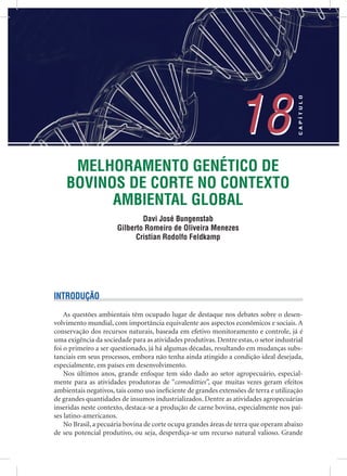 MELHORAMENTO GENÉTICO DE
BOVINOS DE CORTE NO CONTEXTO
AMBIENTAL GLOBAL
Davi José Bungenstab
Gilberto Romeiro de Oliveira Menezes
Cristian Rodolfo Feldkamp
18
CAPÍTULO
18
INTRODUÇÃO
As questões ambientais têm ocupado lugar de destaque nos debates sobre o desen-
volvimento mundial, com importância equivalente aos aspectos econômicos e sociais. A
conservação dos recursos naturais, baseada em efetivo monitoramento e controle, já é
uma exigência da sociedade para as atividades produtivas. Dentre estas, o setor industrial
foi o primeiro a ser questionado, já há algumas décadas, resultando em mudanças subs-
tanciais em seus processos, embora não tenha ainda atingido a condição ideal desejada,
especialmente, em países em desenvolvimento.
Nos últimos anos, grande enfoque tem sido dado ao setor agropecuário, especial-
mente para as atividades produtoras de “comoditties”, que muitas vezes geram efeitos
ambientais negativos, tais como uso ineﬁciente de grandes extensões de terra e utilização
de grandes quantidades de insumos industrializados. Dentre as atividades agropecuárias
inseridas neste contexto, destaca-se a produção de carne bovina, especialmente nos paí-
ses latino-americanos.
No Brasil, a pecuária bovina de corte ocupa grandes áreas de terra que operam abaixo
de seu potencial produtivo, ou seja, desperdiça-se um recurso natural valioso. Grande
 