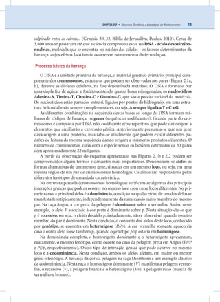 13CAPÍTULO 2 • Recursos Genéticos e Estratégias de Melhoramento
salpicado entre as cabras... (Genesis, 30, 32, Bíblia de Jerusalém, Paulus, 2010). Cerca de
3.800 anos se passaram até que a ciência comprovou estar no DNA - ácido desoxirribo-
nucleico, molécula que se encontra no núcleo das células - os fatores determinantes da
herança, cujos efeitos Jacó intuiu ocorrerem no momento da fecundação.
Processo básico da herança
O DNA é a unidade primária da herança, o material genético primário, principal com-
ponente dos cromossomos, estruturas que podem ser observadas aos pares (Figura 2.1a,
b), durante as divisões celulares, na fase denominada metáfase. O DNA é formado por
uma dupla ﬁta de açúcar e fosfato contendo quatro bases nitrogenadas, os nucleotídeos
Adenina-A, Timina-T, Citosina-C e Guanina-G, que são a porção variável da molécula.
Os nucleotídeos estão pareados entre si, ligados por pontes de hidrogênio, em uma estru-
tura helicoidal e são sempre complementares, ou seja, A sempre ligada a T e C a G.
As diferentes combinações na sequência destas bases ao longo do DNA formam mi-
lhares de códigos de herança, os genes (sequências codiﬁcantes). Grande parte do cro-
mossomo é composta por DNA não codiﬁcante e/ou repetitivo que pode dar origem a
elementos que auxiliarão a expressão gênica. Anteriormente presumia-se que um gene
dava origem a uma proteína, mas sabe-se atualmente que podem existir diferentes pa-
drões de leitura da mesma sequência dando origem a inúmeros produtos diferentes. O
número de cromossomos varia com a espécie sendo os bovinos detentores de 30 pares
com aproximadamente 22 mil genes.
A partir da observação do esquema apresentado nas Figuras 2.1b e 2.2 podem ser
compreendidos alguns termos e conceitos mais importantes. Denominam-se alelos as
formas alternativas de um mesmo gene, situadas em um mesmo loco, ou seja, em uma
mesma região de um par de cromossomos homólogos. Os alelos são responsáveis pelos
diferentes fenótipos de uma dada característica.
Na estrutura pareada (cromossomos homólogos) veriﬁcam-se algumas das principais
interações gênicas que podem ocorrer no mesmo loco e/ou entre locos diferentes. No pri-
meiro caso, a principal delas é a dominância, condição na qual o efeito de um dos alelos se
manifesta fenotipicamente, independentemente da natureza do outro membro do mesmo
par. Na raça Angus, a cor preta da pelagem é dominante sobre a vermelha. Assim, neste
exemplo, o alelo P associado à cor preta é dominante sobre p. Nesta situação diz-se que
p é recessivo, ou seja, o efeito do alelo p, isoladamente, não é observável quando o outro
membro do par é dominante. Nesta condição, o conjunto dos alelos deste loco, conhecido
por genótipo, se encontra em heterozigose (P//p). A cor vermelha somente apareceria
caso o outro alelo fosse também p, quando o genótipo p//p estaria em homozigose.
Na dominância completa, o homozigoto dominante e o heterozigoto apresentam,
exatamente, o mesmo fenótipo, como ocorre no caso da pelagem preta em Angus (P//P
e P//p, respectivamente). Outro tipo de interação gênica que pode ocorrer no mesmo
loco é a codominância. Nesta condição, ambos os alelos afetam, em maior ou menor
grau, o fenótipo. A herança da cor da pelagem na raça Shorthorn é um exemplo clássico
de codominância. Nesta raça o homozigoto dominante (V) manifesta a pelagem verme-
lha, o recessivo (v), a pelagem branca e o heterozigoto (Vv), a pelagem ruão (mescla de
vermelho e branco).
 