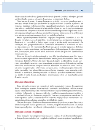 41CAPÍTULO 4 • Aptidão Reprodutiva de Touros
na cavidade abdominal) ou agenesia testicular ou epidimal (ausência do órgão), podem
ser identiﬁcadas ainda ao sobreano, descartando-se os animais do lote.
Touros aptos devem ser livres de alterações na genitália externa ou, quando presentes,
essas não devem alterar (ou ter alterado) a função testicular. É comum a presença de
pequenas cicatrizes ou lesões escrotais especialmente em touros mais velhos, sem que
estas afetem a mobilidade e consistência testicular. Alterações nos órgãos internos como
vesícula seminal e ampolas dos ductos deferentes também podem estar presentes e con-
tribuir para a redução da qualidade seminal. Esse exame é minucioso e deve ser feito por
veterinários treinados e com experiência em andrologia bovina.
Outro aspecto importante refere-se à inspeção do aparelho locomotor. A taxa de
descarte por alterações neste aparelho é muito variável mas não deve ser negligencia-
da durante o exame clínico. Assim, sugere-se que o técnico avalie os touros antes da
contenção, para que possa identiﬁcar transtornos observando-se os animais em posi-
ção de descanso, de pé, ou em marcha. Neste caso, pode-se notar a presença de lesões
articulares agudas ou crônicas, atroﬁas musculares, deformidades e desvios nos apru-
mos, claudicações, entre outros. Esses indivíduos devem ser apartados e examinados
posteriormente.
Diversas alterações clínico-patológicas têm sido identiﬁcadas no aparelho repro-
dutivo do touro e geralmente estão associadas à redução da fertilidade de forma tem-
porária ou deﬁnitiva. O impacto maior dessas alterações incide sobre a função testi-
cular, afetando diretamente a espermatogênese e, portanto, modiﬁcando os padrões
seminais e possivelmente comportamentais. Alterações reconhecidas como clássicas,
tais como a degeneração e a hipoplasia testicular, ainda constituem as principais pato-
logias envolvidas com a inaptidão no touro. Outros processos como a orquite, epidi-
dimite e as neoplasias, embora presentes, são de baixa prevalência em touros de corte.
Do ponto de vista clínico, as alterações encontradas podem ser classiﬁcadas como
descrito a seguir.
Alterações inflamatórias
Essas alterações reúnem um conjunto de lesões associadas à resposta do organismo
frente a um agente agressor, de característica traumática ou infecciosa. Incluem-se a ve-
siculite seminal (inﬂamação das vesículas seminais), orquite (inﬂamação dos testículos),
epidimite (inﬂamação em alguma região dos epidídimos), granulomas espermáticos e
as postites (inﬂamações da mucosa prepucial). Essas alterações podem se manifestar de
forma aguda ou crônica, com sensibilidade variável à palpação e que normalmente afe-
tam diretamente a qualidade seminal e a fertilidade do macho.
No caso da orquite é fundamental determinar a causa,já que doenças como brucelose e
tuberculose podem induzir quadros dessa natureza.As epididimites infecciosas são menos
frequentes nos bovinos e geralmente estão associadas à orquite, de forma uni ou bilateral.
Alterações genéticas e regressivas
Essas alterações incluem processos associados à ausência de um determinado segmen-
to do aparelho reprodutivo (por ex. aplasia epididimal), a degeneração e a hipoplasia tes-
 