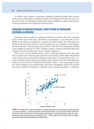 Melhoramento Genético Aplicado em Gado de Corte62
O objetivo deste capítulo é apresentar resultados cientíﬁcos obtidos pelos autores,
na busca por compreender a eﬁciência alimentar na produção de bovinos de corte e de-
monstrar como o conhecimento obtido pode ajudar a melhorar as chances de obtenção
de uma pecuária de corte sustentável e mais lucrativa.
CONSUMO ALIMENTAR RESIDUAL COMO FORMA DE MENSURAR
EFICIÊNCIA ALIMENTAR
Quando se fala em melhorar a eﬁciência alimentar em bovinos de corte, o primeiro
passo é saber como medir esta característica acuradamente, o que demanda a neces-
sidade de um índice ou medida que a expresse da melhor forma. Há vários índices de
eﬁciência alimentar para animais e cada um deles tem suas vantagens e desvantagens.
Na última década, o consumo alimentar residual (CAR) tem sido amplamente adotado
como medida de eﬁciência. O CAR é a diferença entre o consumo individual observado
e aquele estimado em função do seu peso e ganho (Figura 6.1).
Sabe-se que o uso de medidas brutas, como a conversão alimentar (CA), para sele-
cionar animais mais eﬁcientes pode aumentar o peso médio à idade adulta do rebanho,
o que implicaria no aumento das exigências nutricionais. É recomendável evitar o ex-
cessivo aumento de peso adulto, pois animais mais exigentes têm maior diﬁculdade em
expressar seu potencial em ambientes desaﬁadores, como é o caso das pastagens tropi-
cais. Nessa situação, esses animais podem apresentar desempenho inferior aos animais
com menor potencial, fenômeno conhecido como interação genótipos × ambientes.
FIGURA 6.1. Relação entre o consumo estimado e o consumo observado. A linha representa os pontos onde CAR
= 0 (consumo estimado = consumo observado). O ponto acima da linha é de um animal CAR positivo (ineﬁciente)
que precisou 0,9 kg de MS acima do estimado para seu desempenho. O ponto abaixo da linha, refere-se a outro
animal que, apesar do mesmo peso que o anterior (87 kg0,75
= 385 kg), ingeriu 0,8 kg de MS a menos em relação
ao estimado, sendo CAR negativo (eﬁciente). (GOMES, 2009).
-0,8 kg/dia
+0,9 kg/dia
13
12
11
10
9
8
7
6
8 9 10 11 12
Consumoobservado,kg/dia
Consumo estimado, kg/dia
 