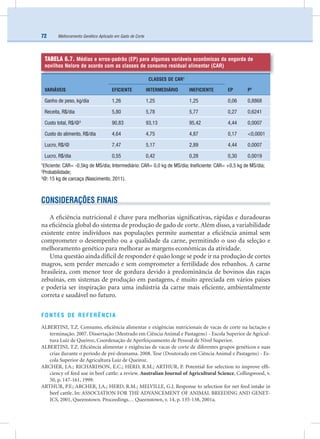 Melhoramento Genético Aplicado em Gado de Corte72
CONSIDERAÇÕES FINAIS
A eﬁciência nutricional é chave para melhorias signiﬁcativas, rápidas e duradouras
na eﬁciência global do sistema de produção de gado de corte. Além disso, a variabilidade
existente entre indivíduos nas populações permite aumentar a eﬁciência animal sem
comprometer o desempenho ou a qualidade da carne, permitindo o uso da seleção e
melhoramento genético para melhorar as margens econômicas da atividade.
Uma questão ainda difícil de responder é quão longe se pode ir na produção de cortes
magros, sem perder mercado e sem comprometer a fertilidade dos rebanhos. A carne
brasileira, com menor teor de gordura devido à predominância de bovinos das raças
zebuínas, em sistemas de produção em pastagens, é muito apreciada em vários países
e poderia ser inspiração para uma indústria da carne mais eﬁciente, ambientalmente
correta e saudável no futuro.
FONTES DE REFERÊNCIA
ALBERTINI, T.Z. Consumo, eﬁciência alimentar e exigências nutricionais de vacas de corte na lactação e
terminação. 2007. Dissertação (Mestrado em Ciência Animal e Pastagens) - Escola Superior de Agricul-
tura Luiz de Queiroz, Coordenação de Aperfeiçoamento de Pessoal de Nível Superior.
ALBERTINI, T.Z. Eﬁciência alimentar e exigências de vacas de corte de diferentes grupos genéticos e suas
crias durante o período de pré-desmama. 2008. Tese (Doutorado em Ciência Animal e Pastagens) - Es-
cola Superior de Agricultura Luiz de Queiroz.
ARCHER, J.A.; RICHARDSON, E.C.; HERD, R.M.; ARTHUR, P. Potential for selection to improve efﬁ-
ciency of feed use in beef cattle: a review. Australian Journal of Agricultural Science, Collingwood, v.
50, p. 147-161, 1999.
ARTHUR, P.F.; ARCHER, J.A.; HERD, R.M.; MELVILLE, G.J. Response to selection for net feed intake in
beef cattle. In: ASSOCIATION FOR THE ADVANCEMENT OF ANIMAL BREEDING AND GENET-
ICS, 2001, Queenstown. Proceedings… Queenstown, v. 14, p. 135-138, 2001a.
TABELA 6.7. Médias e erros-padrão (EP) para algumas variáveis econômicas da engorda de
novilhos Nelore de acordo com as classes de consumo residual alimentar (CAR)
VARIÁVEIS
CLASSES DE CAR1
EP P2
EFICIENTE INTERMEDIÁRIO INEFICIENTE
Ganho de peso, kg/dia 1,26 1,25 1,25 0,06 0,8868
Receita, R$/dia 5,80 5,78 5,77 0,27 0,6241
Custo total, R$/@3
90,83 93,13 95,42 4,44 0,0007
Custo do alimento, R$/dia 4,64 4,75 4,87 0,17 <0,0001
Lucro, R$/@ 7,47 5,17 2,89 4,44 0,0007
Lucro, R$/dia 0,55 0,42 0,28 0,30 0,0019
1
Eﬁciente: CAR= -0,5kg de MS/dia; Intermediário: CAR= 0,0 kg de MS/dia; Ineﬁciente: CAR= +0,5 kg de MS/dia;
2
Probabilidade;
3
@: 15 kg de carcaça (Nascimento, 2011).
 