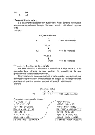 Ex.: AxB
F1 AB
* Cruzamento alternativo:
É o cruzamento rotacional com duas ou três raças, consiste na utilização
alternada de reprodutores de raças diferentes, tem sido utilizado em raças de
corte.
Exemplo:
RAÇA A x RAÇA B
F1 AB (100% de heterose)
AB x A
F2 AAB (67% de heterose)
AAB x B
F3 AABB (85% de heterose)
*Cruzamento Contínuo ou de absorção
Por este processo, a tendência é absorver-se a raça nativa ou a da
população base através do uso contínuo de reprodutores da raça
geneticamente superior até formar o PPC.
O processo exige mudanças graduais a cada geração, pois a medida que
a composição genética dos animais cresce em direção da raça especializada,
as exigências quanto a nutrição, sanidade e instalação são maiores.
Exemplo
Charoles x Nativo
C x N
F1 ½ C + ½ N (0,50 fração charolês)
Cruzamento com charolês teremos
½ C + ½ N x C 7/8C + 1/8N x C
½ (½C + ½N) + ½C ½(7/8C + 1/8N + ½C
¼C + ¼N + 2/4C onde 7/16C + 1/16N + 8/16C
F2= ¾C + ¼N (0,75) F4: 15/16C + 1/16N (0,9375)
¾C + ¼N + C 15/16C + 1/16N x C
½ (¾C + ¼N) + ½ x C ½(15/16C + 1/16N) + ½C
3/8C + ¼N + 4/8C 15/32C + 1/32N + 16/32C
F3: 7/8C + 1/8N (0,875 C) F5: 31/32C + 1/32N (0,9687C)
 