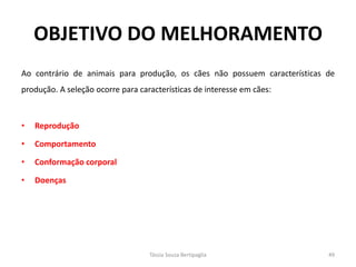 OBJETIVO DO MELHORAMENTO 
Ao contrário de animais para produção, os cães não possuem características de produção. A seleção ocorre para características de interesse em cães: 
•Reprodução 
•Comportamento 
•Conformação corporal 
•Doenças 
Tássia Souza Bertipaglia 
49  