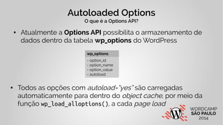 Autoloaded Options 
O que é a Options API? 
● Atualmente a Options API possibilita o armazenamento de 
dados dentro da tabela wp_options do WordPress 
wp_options 
- option_id 
- option_name 
- option_value 
- autoload 
● Todos as opções com autoload=”yes” são carregadas 
automaticamente para dentro do object cache, por meio da 
função wp_load_alloptions(), a cada page load 
 