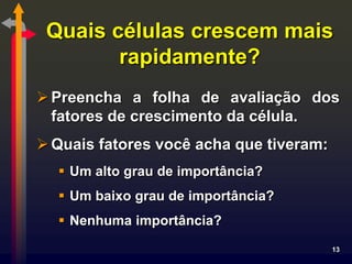 Quais células crescem mais
        rapidamente?
 Preencha a folha de avaliação dos
  fatores de crescimento da célula.
 Quais fatores você acha que tiveram:
   Um alto grau de importância?
   Um baixo grau de importância?
   Nenhuma importância?
                                         13
 