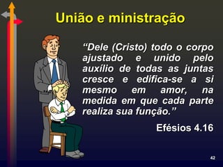 União e ministração

   “Dele (Cristo) todo o corpo
   ajustado e unido pelo
   auxílio de todas as juntas
   cresce e edifica-se a si
   mesmo em amor, na
   medida em que cada parte
   realiza sua função.”
                  Efésios 4.16

                             42
 