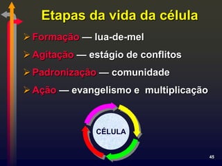 Etapas da vida da célula
 Formação — lua-de-mel
 Agitação — estágio de conflitos
 Padronização — comunidade
 Ação — evangelismo e multiplicação



               CÉLULA


                                       45
 