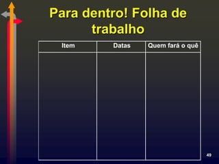 Para dentro! Folha de
      trabalho
 Item    Datas   Quem fará o quê




                                   49
 