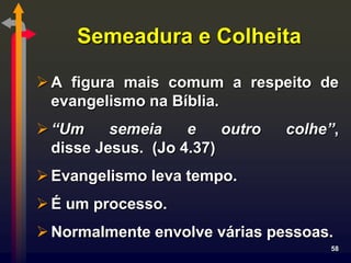 Semeadura e Colheita

 A figura mais comum a respeito de
  evangelismo na Bíblia.
 “Um     semeia    e    outro   colhe”,
  disse Jesus. (Jo 4.37)
 Evangelismo leva tempo.
 É um processo.
 Normalmente envolve várias pessoas.
                                      58
 