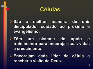 Células

 São a melhor maneira de unir
  discipulado, cuidado ao próximo e
  evangelismo.
 Têm um sistema de apoio e
  treinamento para encorajar suas vidas
  e crescimento.
 Encorajam cada líder de célula a
  receber a visão de Deus.
                                      6
 