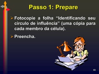 Passo 1: Prepare
 Fotocopie a folha “Identificando seu
  círculo de influência” (uma cópia para
  cada membro da célula).
 Preencha.




                                      63
 