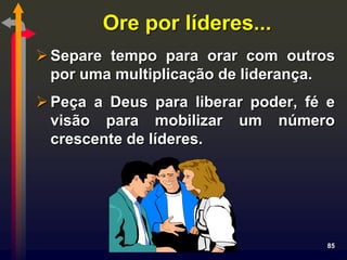 Ore por líderes...
 Separe tempo para orar com outros
  por uma multiplicação de liderança.
 Peça a Deus para liberar poder, fé e
  visão para mobilizar um número
  crescente de líderes.




                                     85
 