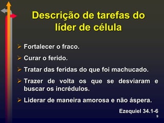 Descrição de tarefas do
        líder de célula
 Fortalecer o fraco.
 Curar o ferido.
 Tratar das feridas do que foi machucado.
 Trazer de volta os que se desviaram e
  buscar os incrédulos.
 Liderar de maneira amorosa e não áspera.
                                Ezequiel 34.1-6
                                              9
 