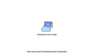 Infraestrutura como código
https://aws.amazon.com/pt/devops/what-is-devops/#iac
A infraestrutura como código é uma prática em que a infraestrutura é provisionada e gerenciada usando técnicas de desenvolvimento de código e software, como
controle de versão e integração contínua.
 