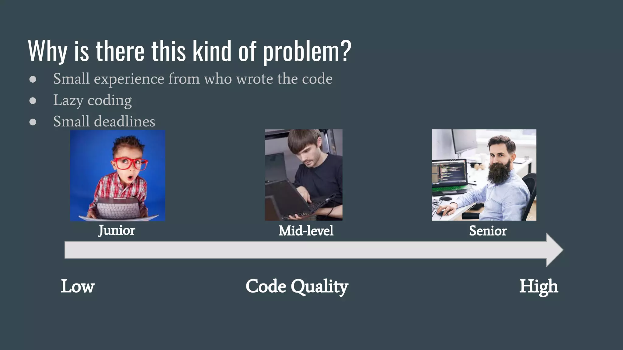 Why is there this kind of problem?
● Small experience from who wrote the code
● Lazy coding
● Small deadlines
Low Code Quality High
Junior Mid-level Senior
 