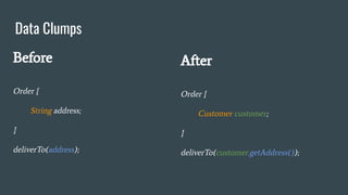 Data Clumps
Before
Order {
String address;
}
deliverTo(address);
After
Order {
Customer customer;
}
deliverTo(customer.getAddress());
 