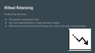 Without Refactoring
Productivity decreases:
● Thousands of duplicated code
● Any new implementation or logic become complex
● Maintenance is hard to be done because the code is not easily understandable
 