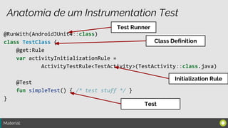 Material:
Anatomia de um Instrumentation Test
@RunWith(AndroidJUnit4::class)
class TestClass {
@get:Rule
var activityInitializationRule =
ActivityTestRule<TestActivity>(TestActivity::class.java)
@Test
fun simpleTest() { /* test stuff */ }
}
Test Runner
Class Definition
Initialization Rule
Test
 