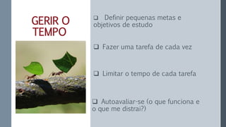 GERIR O
TEMPO
 Definir pequenas metas e
objetivos de estudo
 Autoavaliar-se (o que funciona e
o que me distrai?)
 Fazer uma tarefa de cada vez
 Limitar o tempo de cada tarefa
 