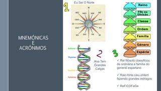 MNEMÓNICAS
E
ACRÓNIMOS
Ana Tem
Grandes
Calças
Eu Sei O Norte
 Rei filósofo classificou
de ordinária a família do
general espartano
 Raio forte caiu ontem
fazendo grandes estragos
 ReFiCOFaGe
 