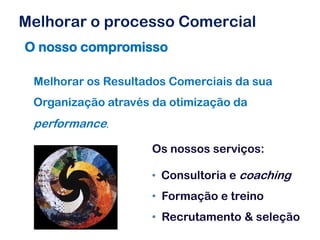 Melhorar o processo Comercial
O nosso compromisso

 Melhorar os Resultados Comerciais da sua
 Organização através da otimização da
 performance

                    Os nossos serviços:

                    • Consultoria e coaching
                    • Formação e treino
                    • Recrutamento & seleção
 
