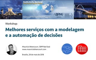 Melhores serviços com a modelagem
e a automação de decisões
Maurício Bitencourt, CBPP Red Seal
www.mauriciobitencourt.com
Brasília, 28 de maio de 2018
Workshop:
 