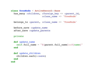 class TreeNode < ActiveRecord::Base
                    has_many :children, :foreign_key => :parent_id,
                                        :class_name => 'TreeNode'

                       belongs_to :parent, :class_name => 'TreeNode'

                       before_save :update_name
                       after_save :update_parents

                       private

                       def update_name
                         self.full_name = "#{parent.full_name}::#{name}"
                       end

                    def update_children
                      children.each(&:save)
                    end
                  end




segunda-feira, 12 de setembro de 11
 