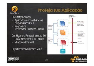 Proteja sua Aplicação
Security Groups:
•  Aplicados em instâncias
ou para uma VPC
•  Regras de
“entrada” (ingress Rules)
Configure o Firewall de seu SO:
•  Linux: Netfilter / IPTables
•  Windows Firewall

Seja restritivo entre VPCs

38

 
