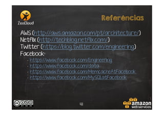 Referências
AWS (http://aws.amazon.com/pt/architecture/)
Netflix (http://techblog.netflix.com/)
Twitter (https://blog.twitter.com/engineering)
Facebook:
• 
• 
• 
• 

https://www.facebook.com/Engineering
https://www.facebook.com/data
https://www.facebook.com/MemcacheAtFacebook
https://www.facebook.com/MySQLatFacebook

41

 