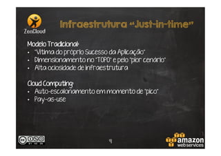 Infraestrutura “Just-in-time”
Modelo Tradicional:
•  “Vítima do próprio Sucesso da Aplicação”
•  Dimensionamento no “TOPO” e pelo “pior cenário”
•  Alta ociosidade de infraestrutura
Cloud Computing:
•  Auto-escalonamento em momento de “pico”
•  Pay-as-use

9

 
