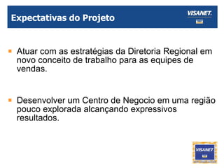 Expectativas do Projeto Atuar com as estratégias da Diretoria Regional em novo conceito de trabalho para as equipes de vendas. Desenvolver um Centro de Negocio em uma região pouco explorada alcançando expressivos resultados. 