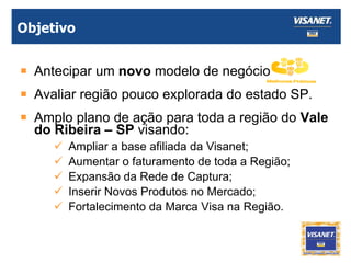 Objetivo Antecipar um  novo  modelo de negócio Avaliar região pouco explorada do estado SP. Amplo plano de ação para toda a região do  Vale do Ribeira – SP  visando: Ampliar a base afiliada da Visanet; Aumentar o faturamento de toda a Região; Expansão da Rede de Captura; Inserir Novos Produtos no Mercado;  Fortalecimento da Marca Visa na Região. 
