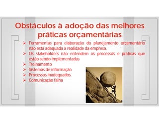 Obstáculos à adoção das melhores
práticas orçamentárias
 Ferramentas para elaboração do planejamento orçamentário
não está adequada à realidade da empresa.
 Os stakeholders não entendem os processos e práticas que
estão sendo implementadas
 Treinamento
 Sistemas de informação
 Processos inadequados
 Comunicação falha

 