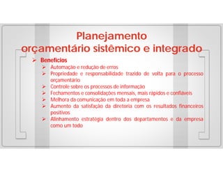 Planejamento
orçamentário sistêmico e integrado
 Benefícios
 Automação e redução de erros
 Propriedade e responsabilidade trazido de volta para o processo
orçamentário
 Controle sobre os processos de informação
 Fechamentos e consolidações mensais, mais rápidos e confiáveis
 Melhora da comunicação em toda a empresa
 Aumento da satisfação da diretoria com os resultados financeiros
positivos
 Alinhamento estratégia dentro dos departamentos e da empresa
como um todo

 