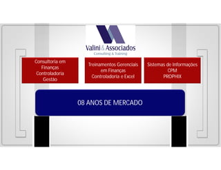 Consultoria em
Finanças
Controladoria
Gestão

Treinamentos Gerenciais
em Finanças
Controladoria e Excel

08 ANOS DE MERCADO

Sistemas de Informações
CPM
PROPHIX

 