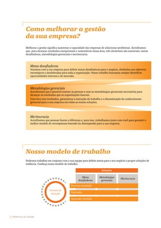 2 | Melhoria de Gestão
Nosso modelo de trabalho
Podemos trabalhar em conjunto com a sua equipe para definir metas para o seu negócio e propor soluções de
melhoria. Conheça nosso modelo de trabalho:
Formas de
atuação
Execução
Aprender fazendo
Soluções
Metas
desaﬁadoras
Metodologias
gerenciais
Meritocracia
Foco no resultado
Como melhorar a gestão
da sua empresa?
Melhorar a gestão significa aumentar a capacidade das empresas de solucionar problemas. Acreditamos
que, para alcançar resultados excepcionais e sustentáveis nessa área, três elementos são essenciais: metas
desafiadoras, metodologias gerenciais e meritocracia.
Metas desafiadoras
Atuamos com a sua empresa para definir metas desafiadoras para o negócio, alinhadas aos objetivos
estratégicos e desdobradas para toda a organização. Nesse trabalho buscamos sempre identificar
oportunidades internas e de mercado.
Metodologias gerenciais
Acreditamos que é possível ensinar as pessoas a usar as metodologias gerenciais necessárias para
alcançar os resultados que as organizações buscam.
Com foco nos resultados, garantimos a execução do trabalho e a disseminação do conhecimento
gerencial para a sua empresa em todas as nossas soluções.
Meritocracia
Acreditamos que pessoas fazem a diferença e, para isso, trabalhamos junto com você para garantir o
melhor modelo de recompensas baseado no desempenho para a sua empresa.
 
