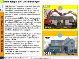 Metodologia BPI: Uma introdução

                                   BPI (Business Process Improvement), melhoria
                                   de processo de negócio, é uma metodologia                                                 1
                                   (abordagem) que a ajuda a otimizar e entender
                                   os processos de negócio com objetivo de
                                   alcançar as metas e melhorar os resultados dos
                                   processos.
Melhoria de Processo de Processo




                                   O primeiro passo da BPI é determinar o cenário
                                   atual dos processos, ou seja, o Modelo AS-IS.
                                   O modelo AS-IS é importante, pois, ele nos ajuda
                                   conhecer onde empresa está e qual a
                                   performance dos processos (quais pontos fracos,
                                   pontos de desconexão, tarefas de redundantes e
                                   atividades de baixo valor agregado).

                                   Na construção do modelo AS-IS, ainda não cabe
                                   ao Analista de Processo de Negócio propor                                                2
                                   melhorias, pois isto será feito na construção do
                                   Modelo TO-BE .
                                   A exceção, se for encontrada alguma coisa que
                                   possa ser melhorada, mas que seja de
                                   implementação rápida e agregue valor (Quick
                                   Win), ela poderá ser feita antes mesmo do inicio
                                   do modelo TO-BE.
                                   O Modelo TO-BE apresenta uma proposta de
                                   melhoria dos processos.

                                   Formação de Analista de Processo v.8   rildo.santos@etecnologia.com.br   Todos os direitos reservados e protegidos © 2006 e 2009   14
 