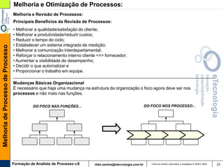 Melhoria e Otimização de Processos:
                                   Melhoria e Revisão de Processos:
                                   Principais Benefícios da Revisão de Processos:
                                   • Melhorar a qualidade/satisfação do cliente;
                                   • Melhorar a produtividade/reduzir custos;
                                   • Reduzir o tempo do ciclo;
                                   • Estabelecer um sistema integrado de medição;
Melhoria de Processo de Processo




                                   • Melhorar a comunicação interdepartamental;
                                   • Reforçar o relacionamento interno cliente <=> fornecedor;
                                   • Aumentar a visibilidade do desempenho;
                                   • Decidir o que automatizar e
                                   • Proporcionar o trabalho em equipe.

                                   Mudanças Básicas Organizacional
                                   É necessário que haja uma mudança na estrutura da organização o foco agora deve ser nos
                                   processos e não mais nas funções.

                                              DO FOCO NAS FUNÇÕES...                                           DO FOCO NOS PROCESSO...




                                   Formação de Analista de Processo v.8      rildo.santos@etecnologia.com.br      Todos os direitos reservados e protegidos © 2006 e 2009   22
 